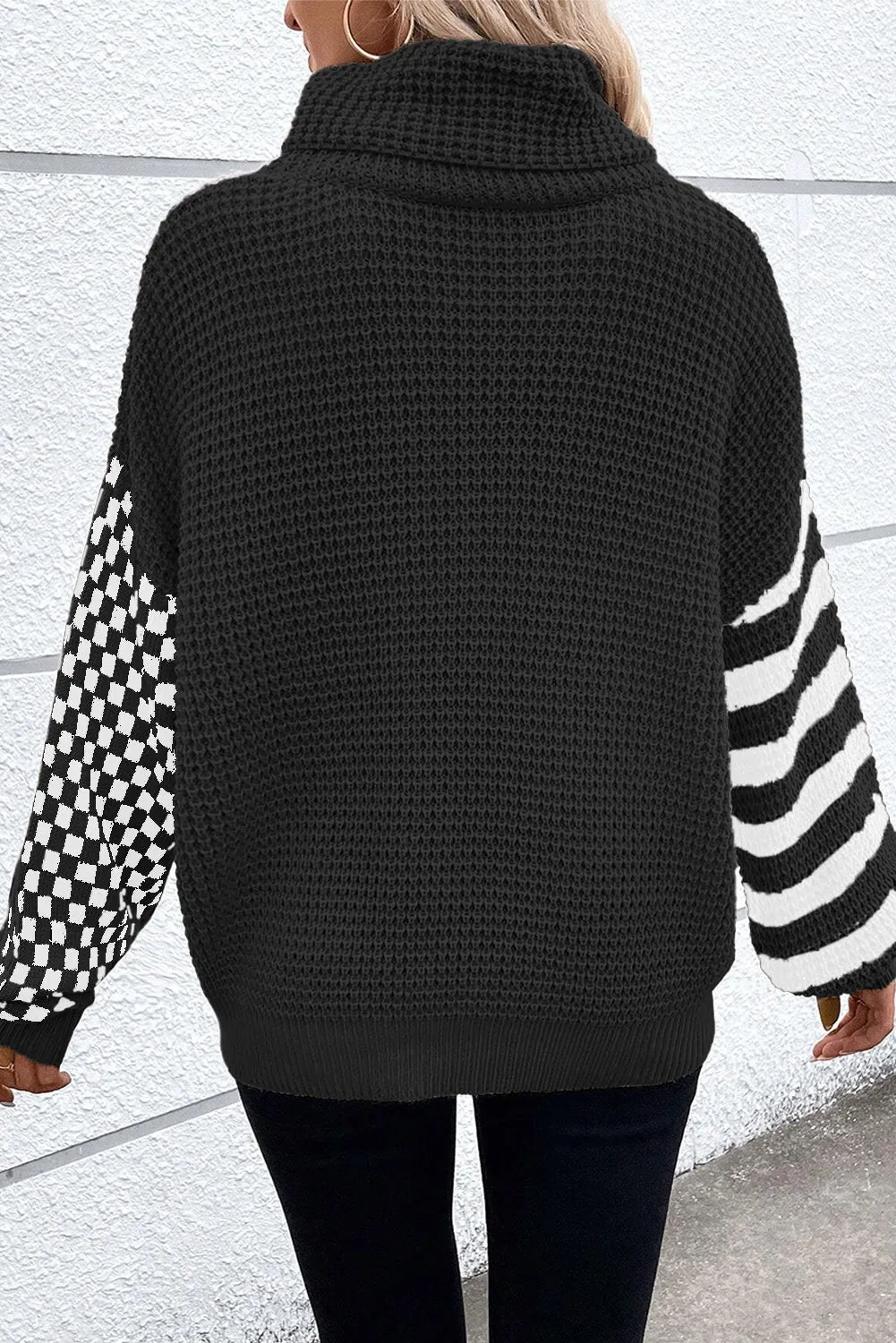 Black Striped Plaid Patchwork Waffle Knit Turtleneck Sweater sold by Beagle Boutique product image thumbnail 2