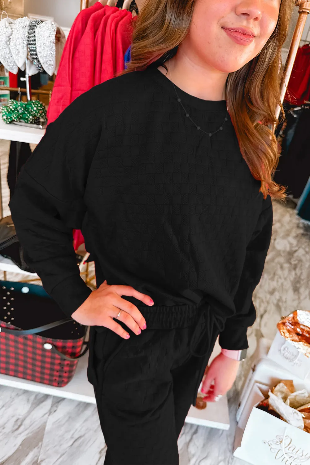 Color black Checkered Textured Split Pullover Top and Pants Set sold by Beagle Boutique product image thumbnail 2