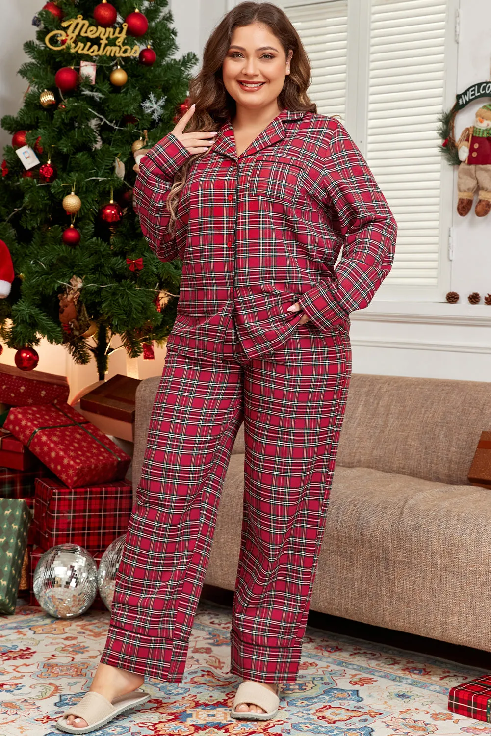 Red Plaid Printed Shirt and Pants Plus Size Lounge Set sold by Beagle Boutique product image thumbnail 4