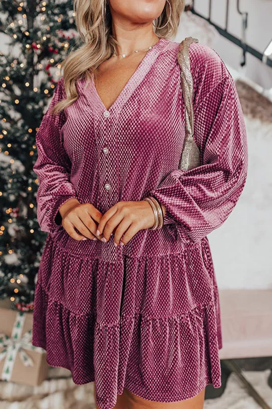 Meadow Mauve Plus Size Textured Velvet Tiered Button V Neck Dress sold by Beagle Boutique