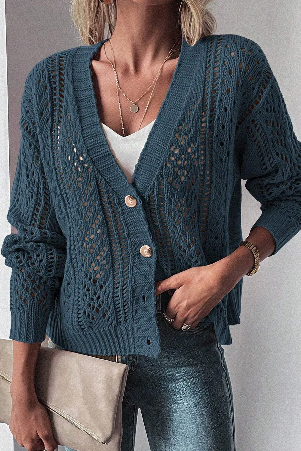 Beige Open Knit Drop Shoulder Sweater Cardigan sold by Beagle Boutique product image thumbnail 3