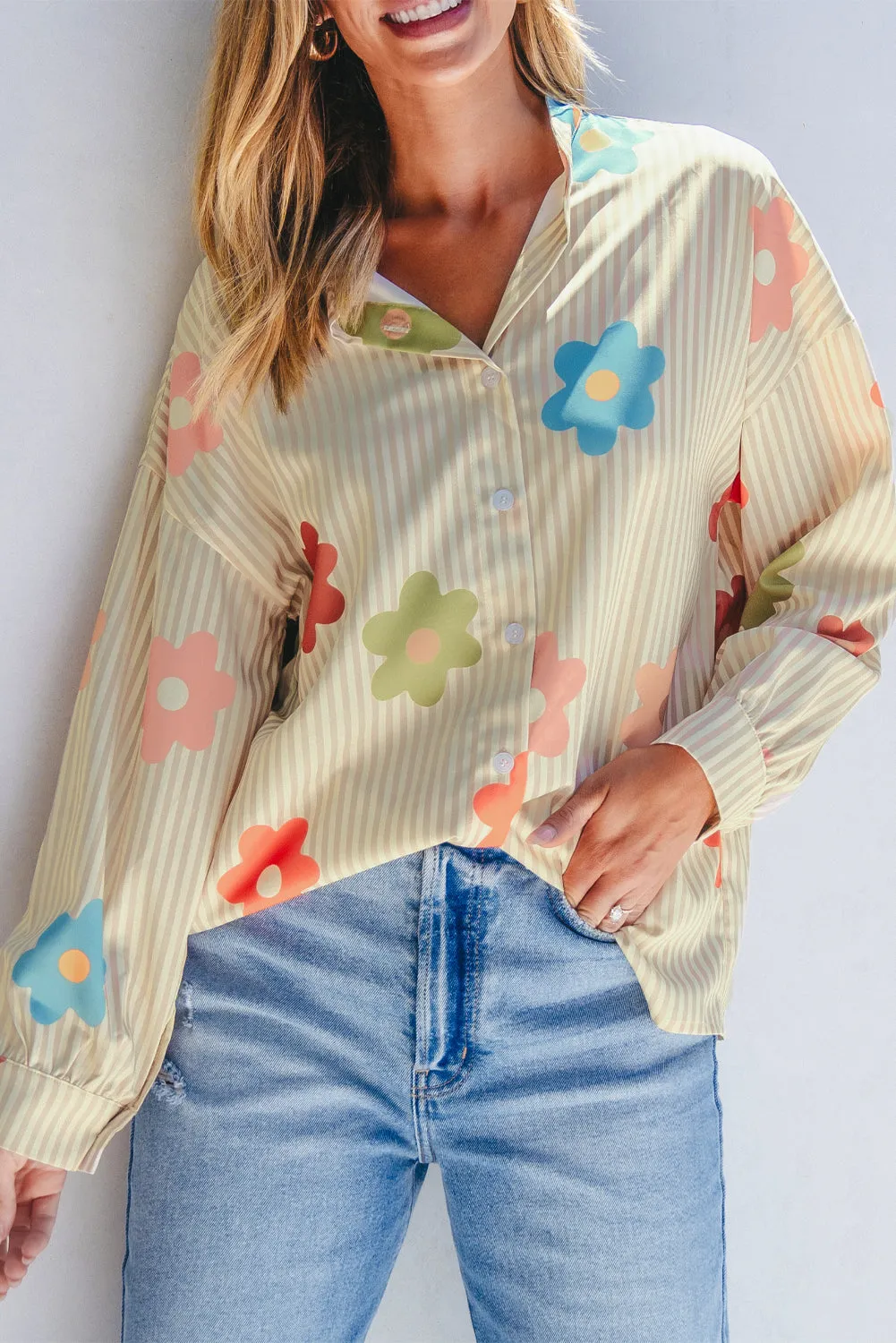 Apricot Stripe Flower Print Collared Button-up Loose Fit Shirt sold by Beagle Boutique product image thumbnail 5