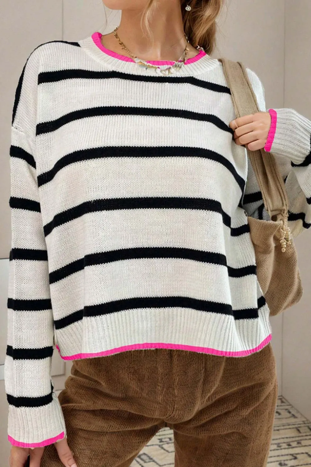 White Stripe Color Contrast Drop Shoulder Crew Neck Sweater sold by Beagle Boutique