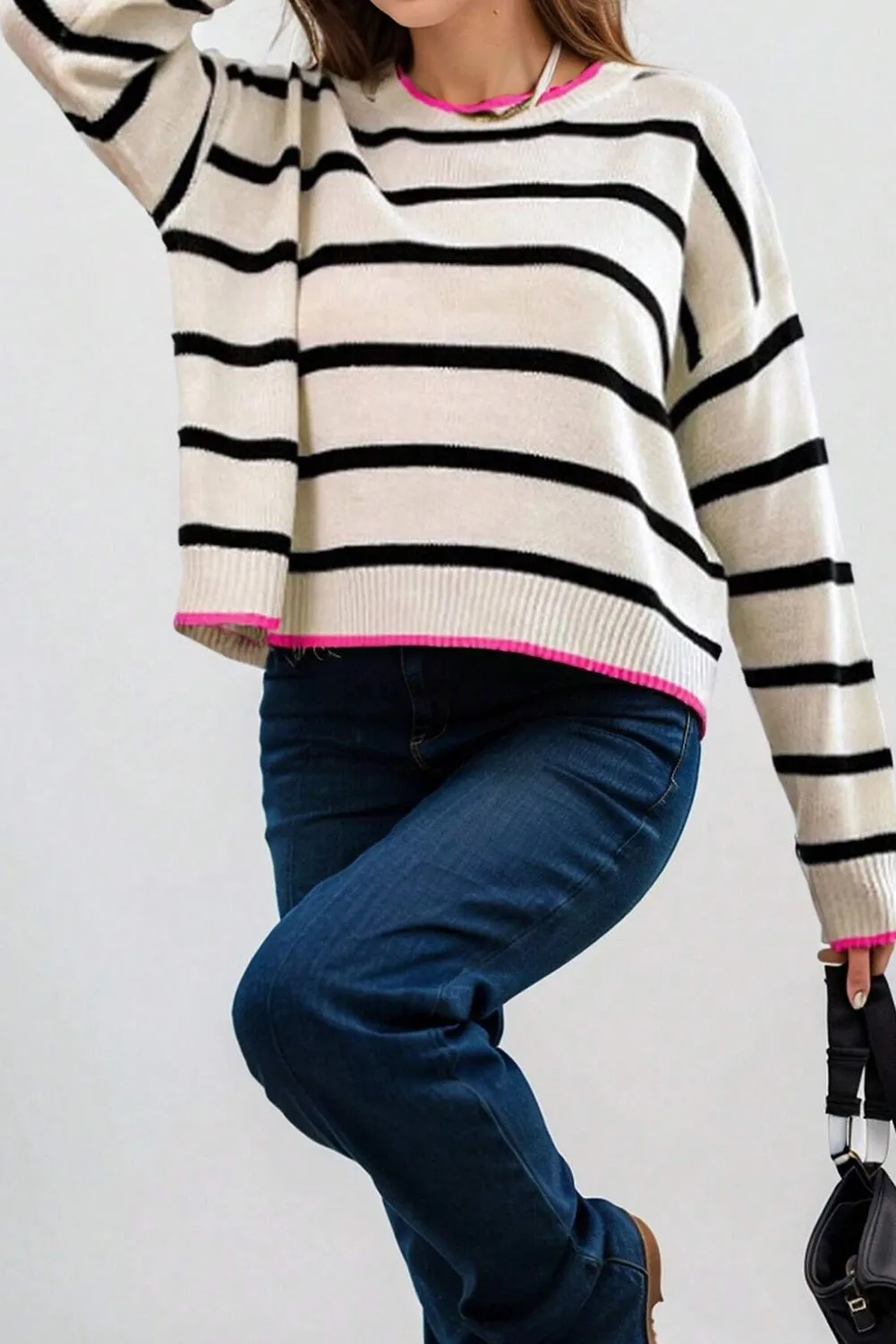 White Stripe Color Contrast Drop Shoulder Crew Neck Sweater sold by Beagle Boutique product image thumbnail 3
