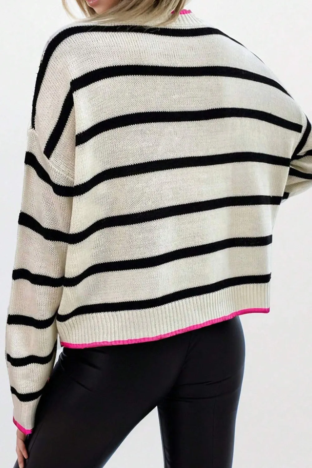 White Stripe Color Contrast Drop Shoulder Crew Neck Sweater sold by Beagle Boutique product image thumbnail 2