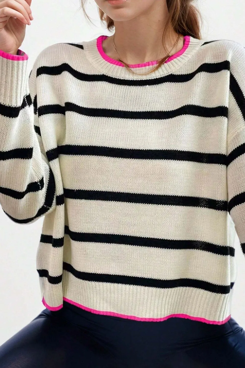 White Stripe Color Contrast Drop Shoulder Crew Neck Sweater sold by Beagle Boutique product image thumbnail 4