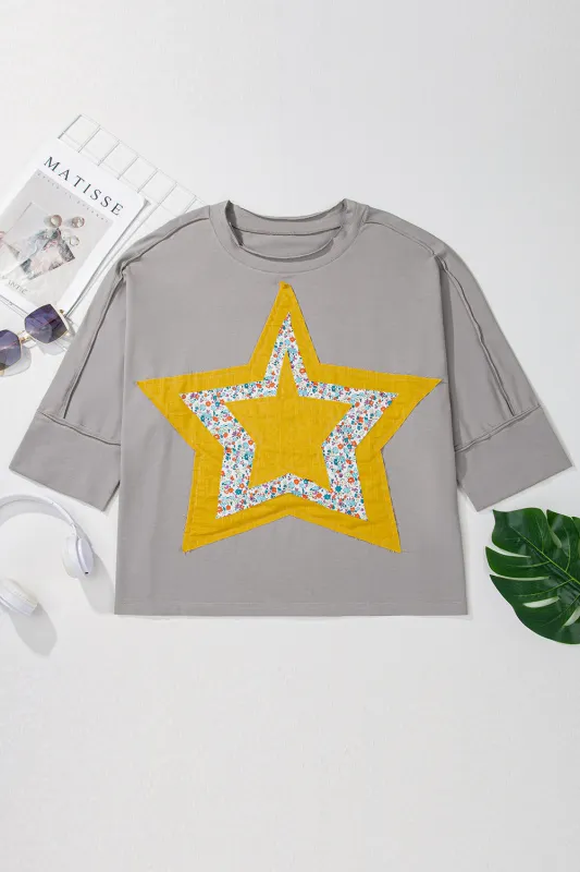 Medium Grey Floral Star Patched Pattern 3/4 Sleeve Plus Size Top sold by Beagle Boutique