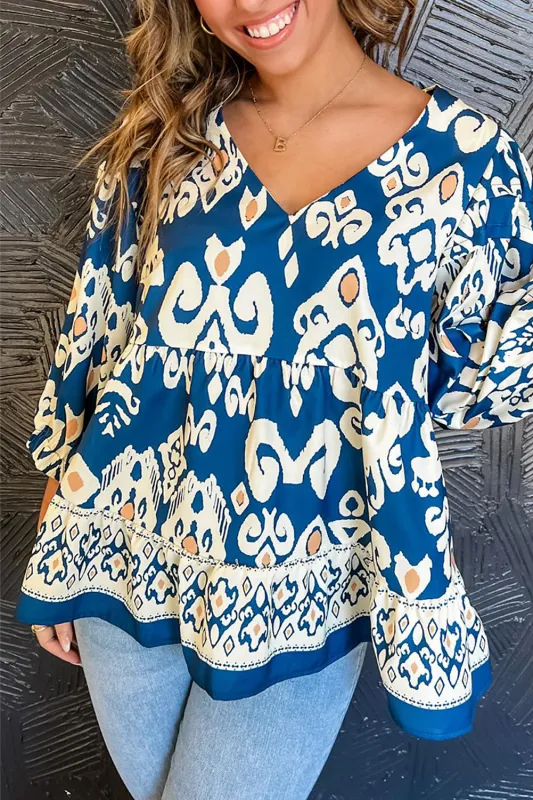 Blue Tribal Geometric Print 3/4 Sleeve Flowy Fit Blouse sold by Beagle Boutique