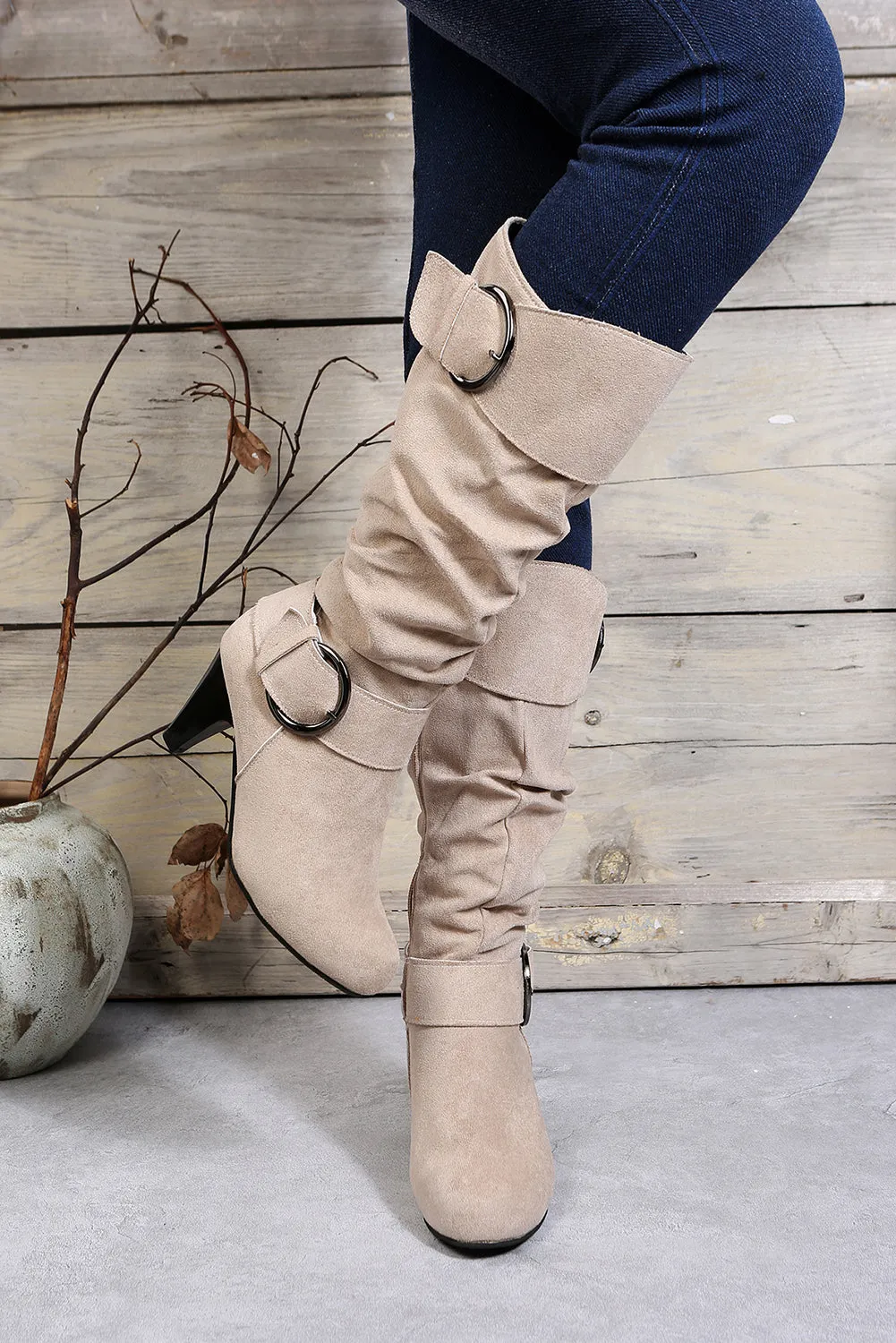 Navy Blue Dual Buckle Strap Side Zip Heeled Mid Calf Boots sold by Beagle Boutique product image thumbnail 2