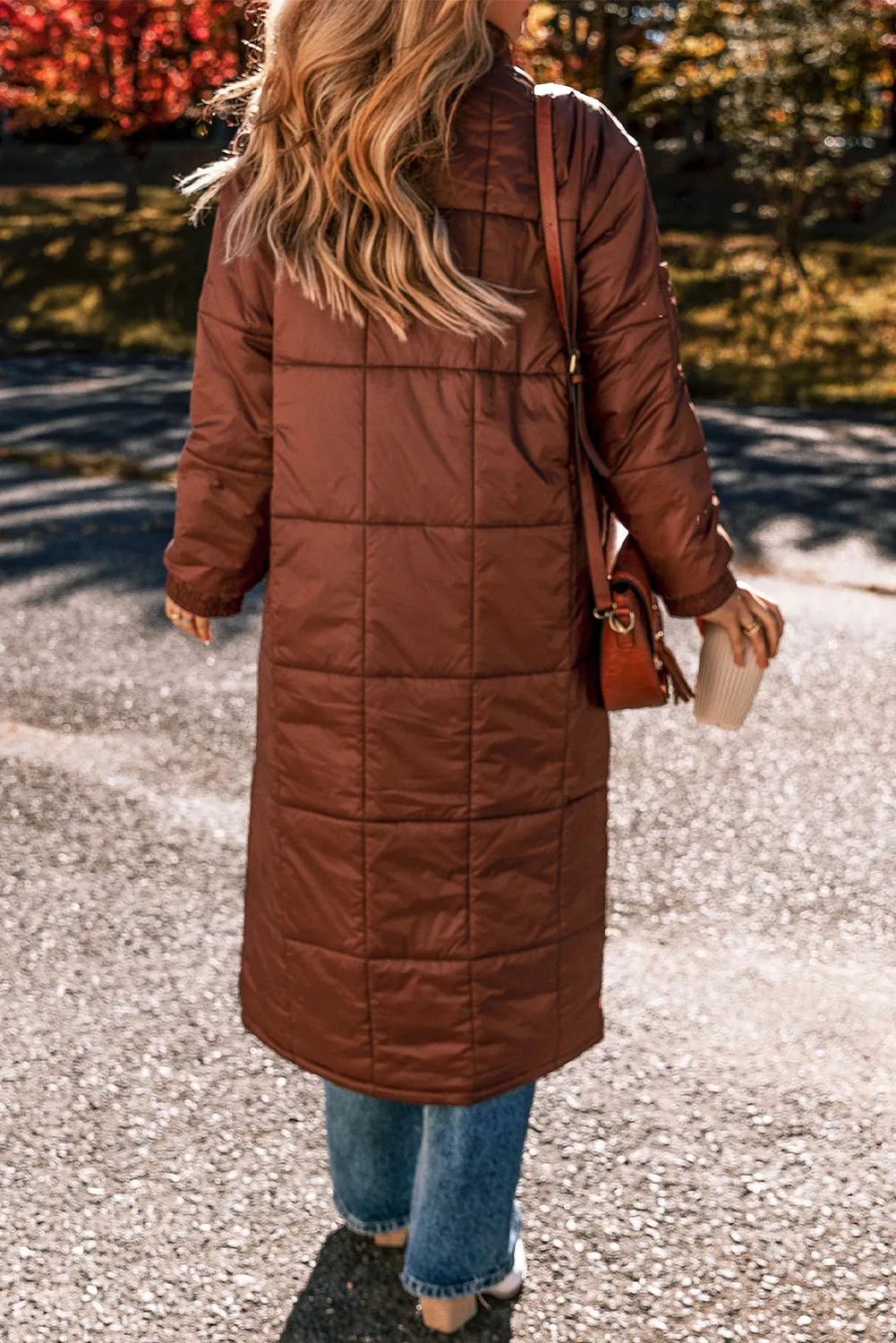 Coffee Quilted Puffer Stand Neck Zipped Mid-length Coat sold by Beagle Boutique product image thumbnail 2
