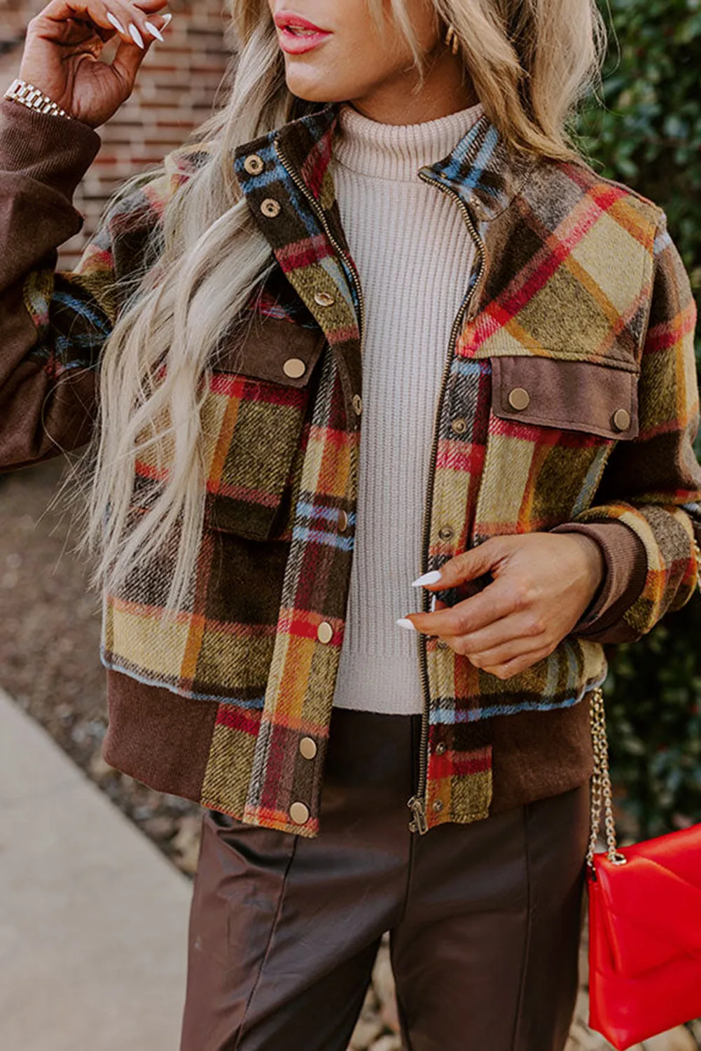 Brown Plaid Print Chest Pockets Button Zipper Stand Neck Jacket sold by Beagle Boutique