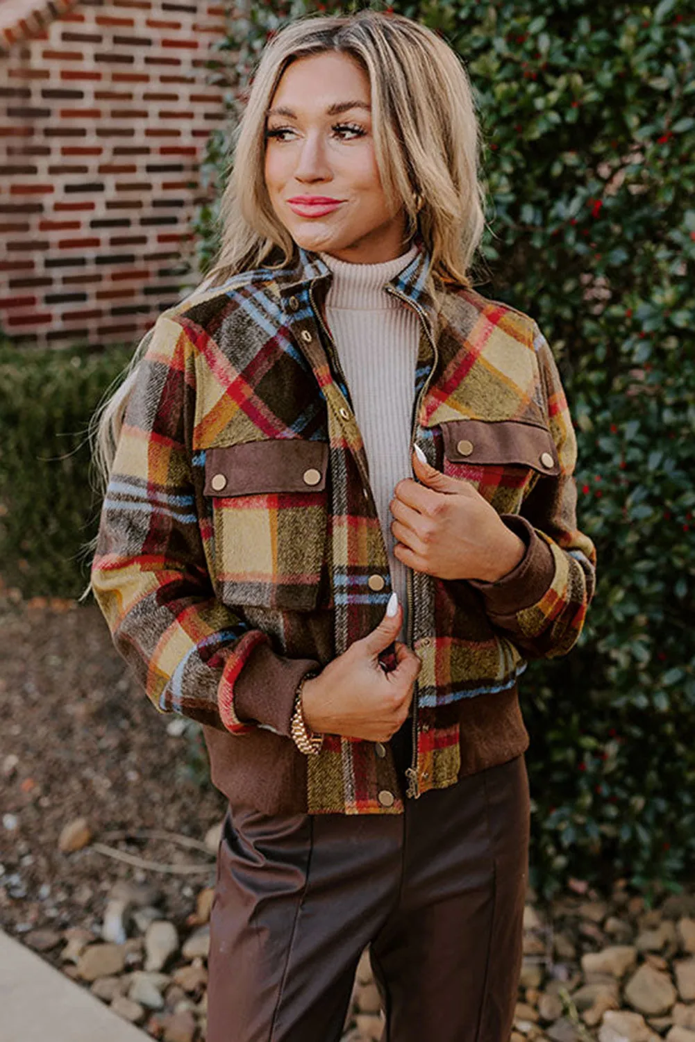 Brown Plaid Print Chest Pockets Button Zipper Stand Neck Jacket sold by Beagle Boutique product image thumbnail 3