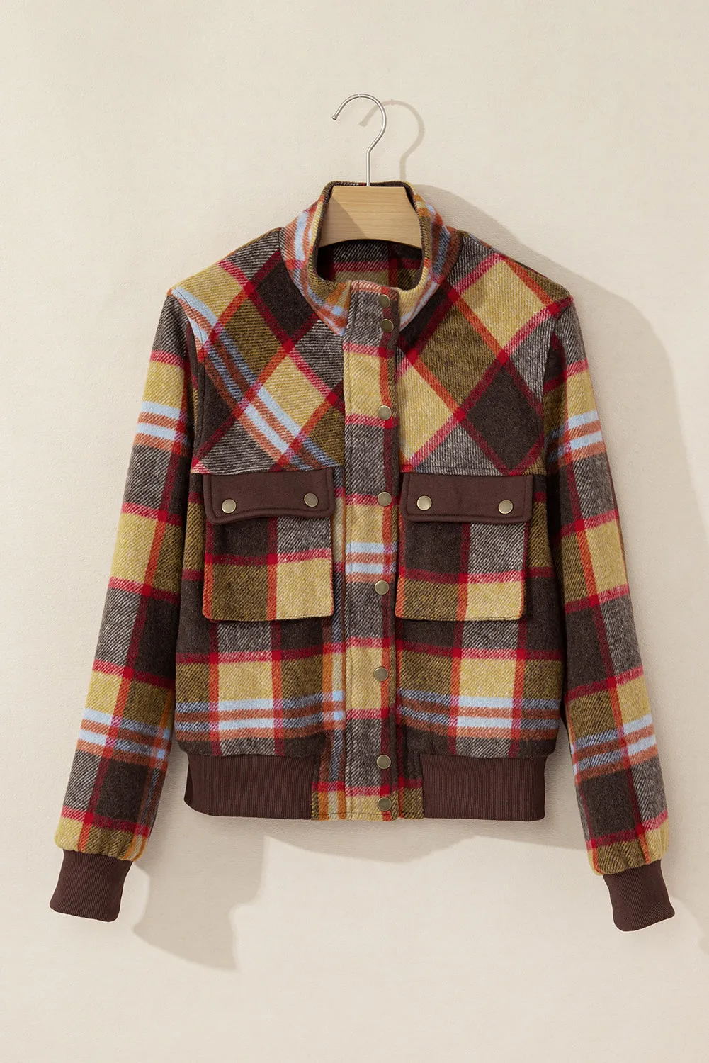 Brown Plaid Print Chest Pockets Button Zipper Stand Neck Jacket sold by Beagle Boutique product image thumbnail 5
