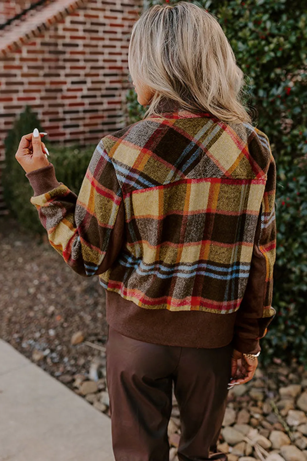 Brown Plaid Print Chest Pockets Button Zipper Stand Neck Jacket sold by Beagle Boutique product image thumbnail 2