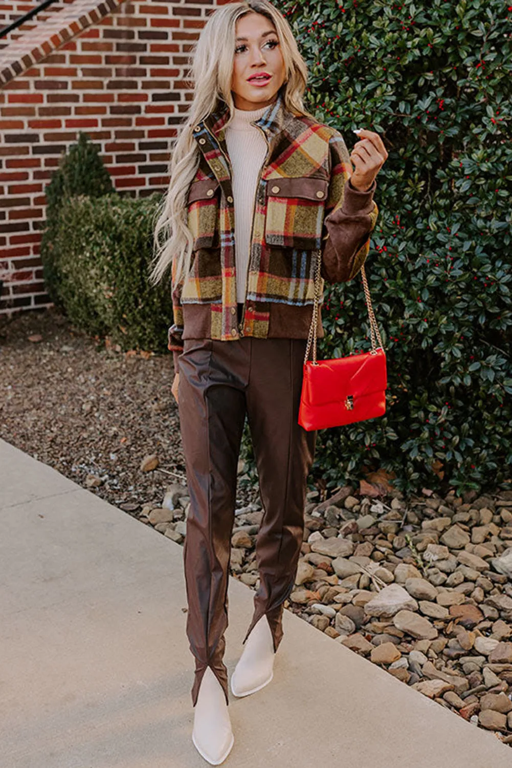 Brown Plaid Print Chest Pockets Button Zipper Stand Neck Jacket sold by Beagle Boutique product image thumbnail 4