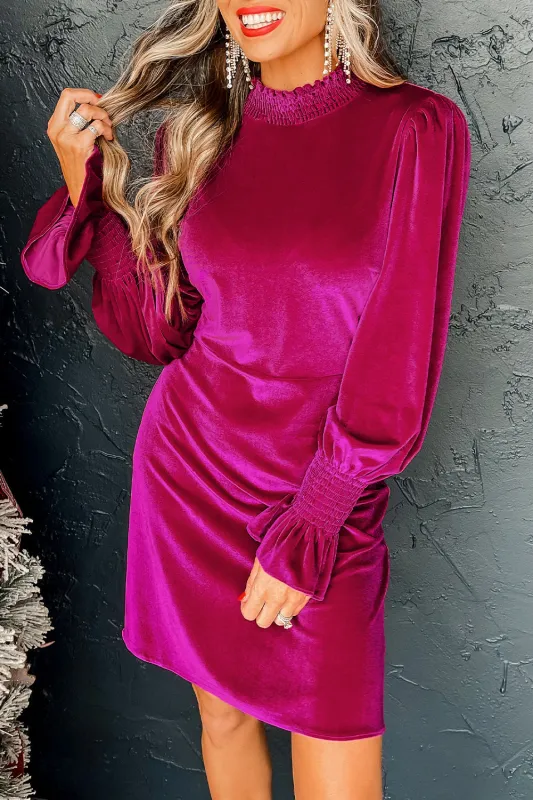 Rose Red Smocked Mock Neck Ruffled Puff Sleeve Velvet Mini Dress sold by Beagle Boutique
