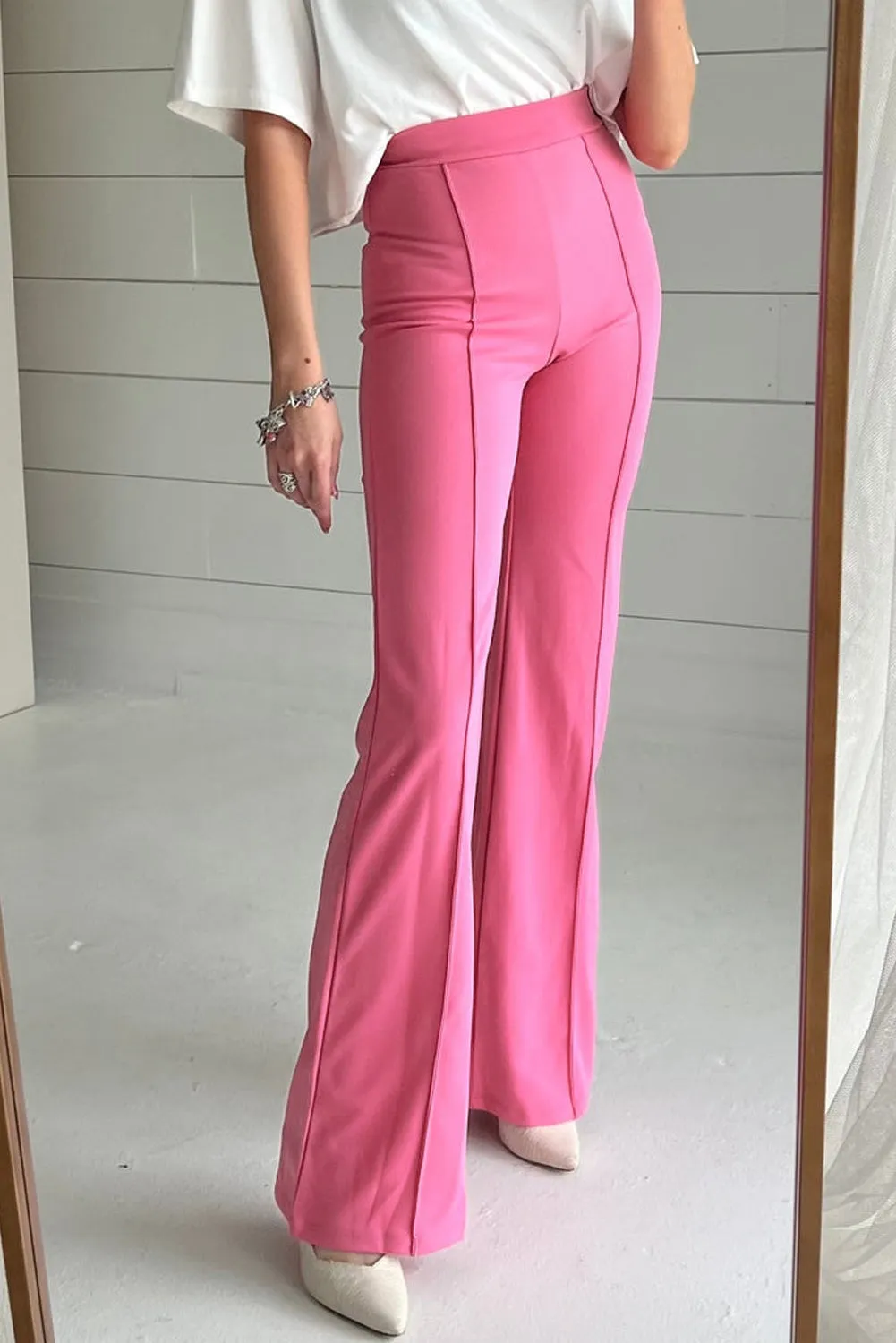 Sachet Pink High Waist Central Seam Flared Pants sold by Beagle Boutique