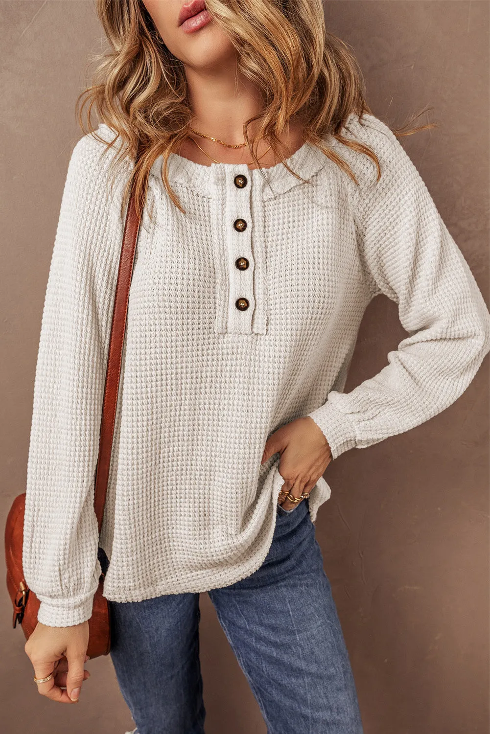 Oatmeal Waffle Knit Buttoned Front Raglan Sleeve Loose Blouse sold by Beagle Boutique product image thumbnail 4