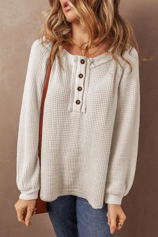 Oatmeal Waffle Knit Buttoned Front Raglan Sleeve Loose Blouse sold by Beagle Boutique