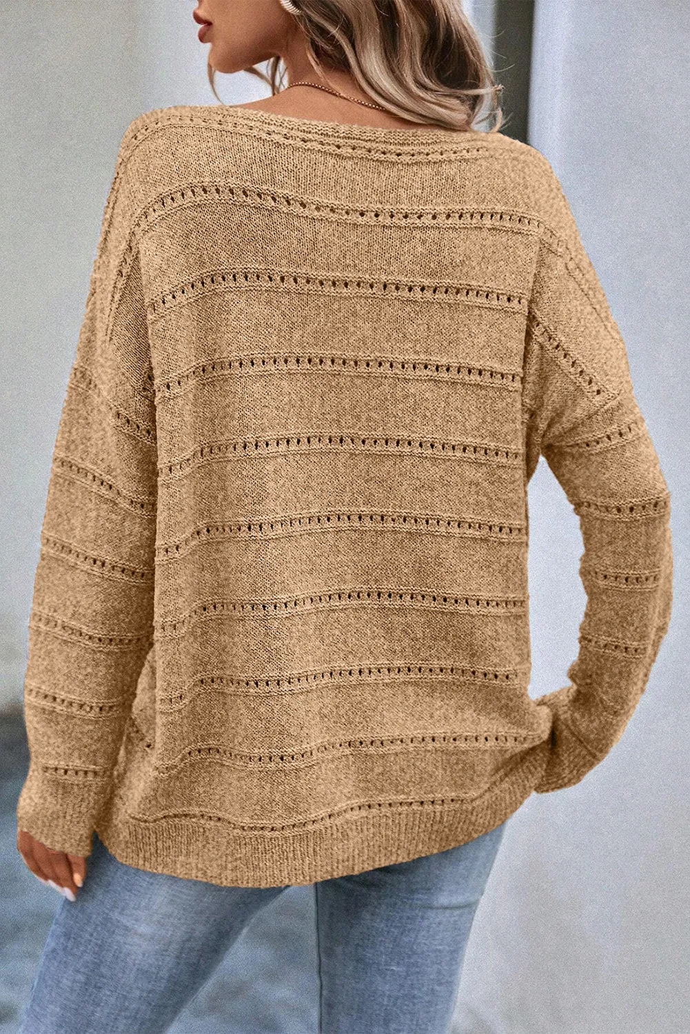 Pale Khaki Boat Neck Drop Shoulder Pointelle Knit Sweater sold by Beagle Boutique product image thumbnail 2