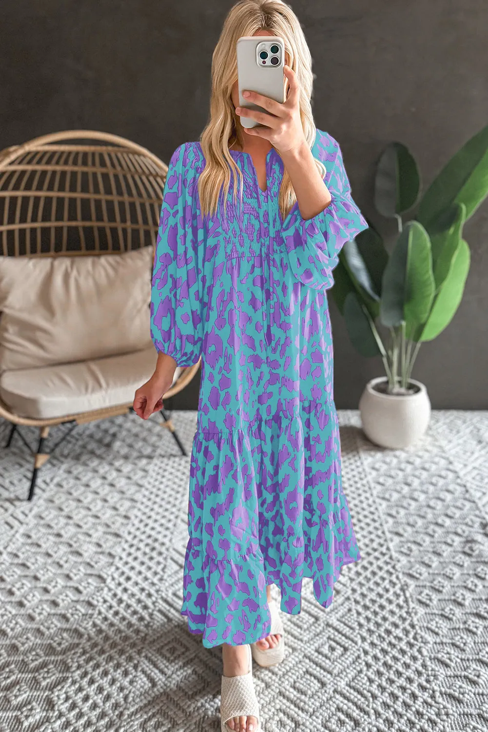 Sky Blue Abstract Print Puff Sleeve Tied Notched Neck Long Dress sold by Beagle Boutique product image thumbnail 2