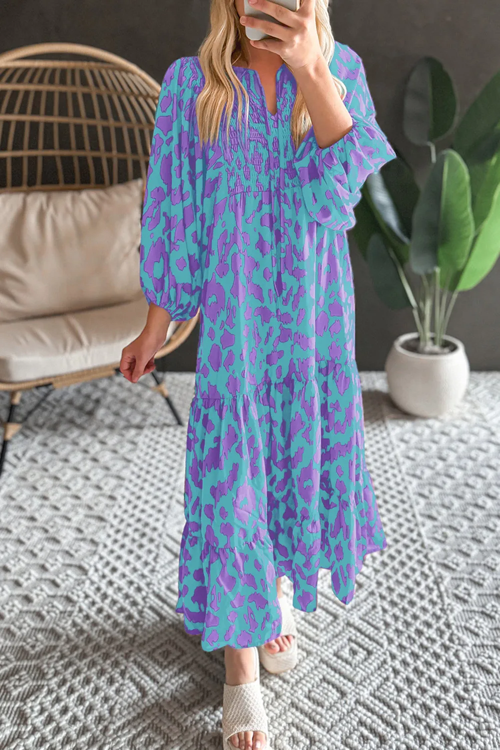 Sky Blue Abstract Print Puff Sleeve Tied Notched Neck Long Dress sold by Beagle Boutique