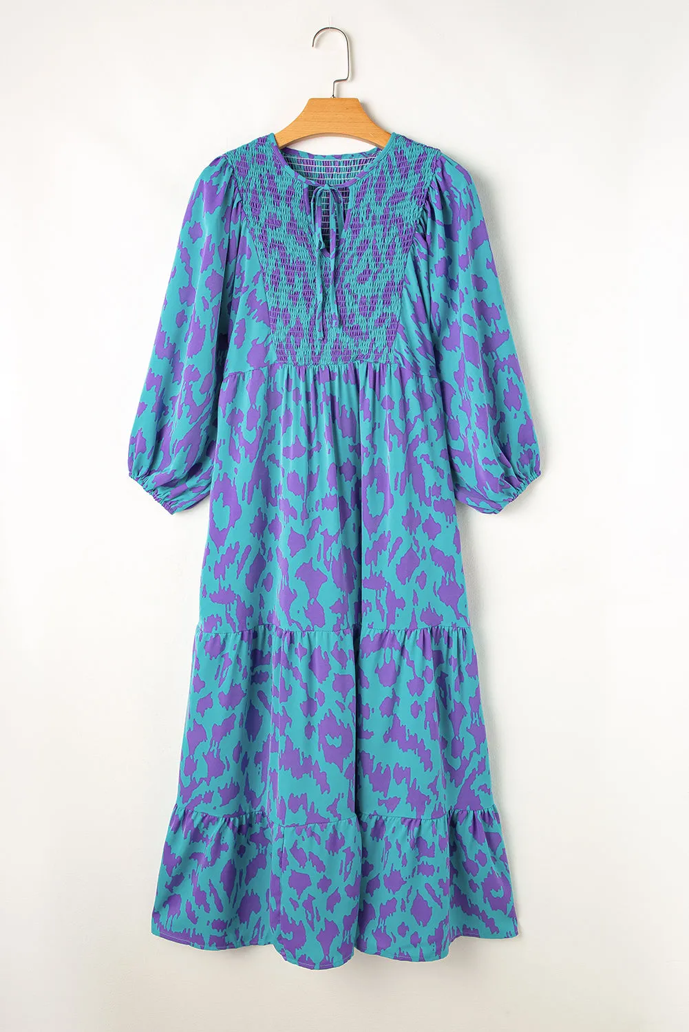 Sky Blue Abstract Print Puff Sleeve Tied Notched Neck Long Dress sold by Beagle Boutique product image thumbnail 3