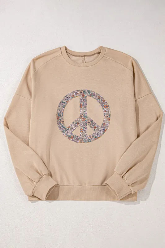 Pale Khaki Floral Peace Sign Graphic Washed Terry Plus Size Sweatshirt sold by Beagle Boutique