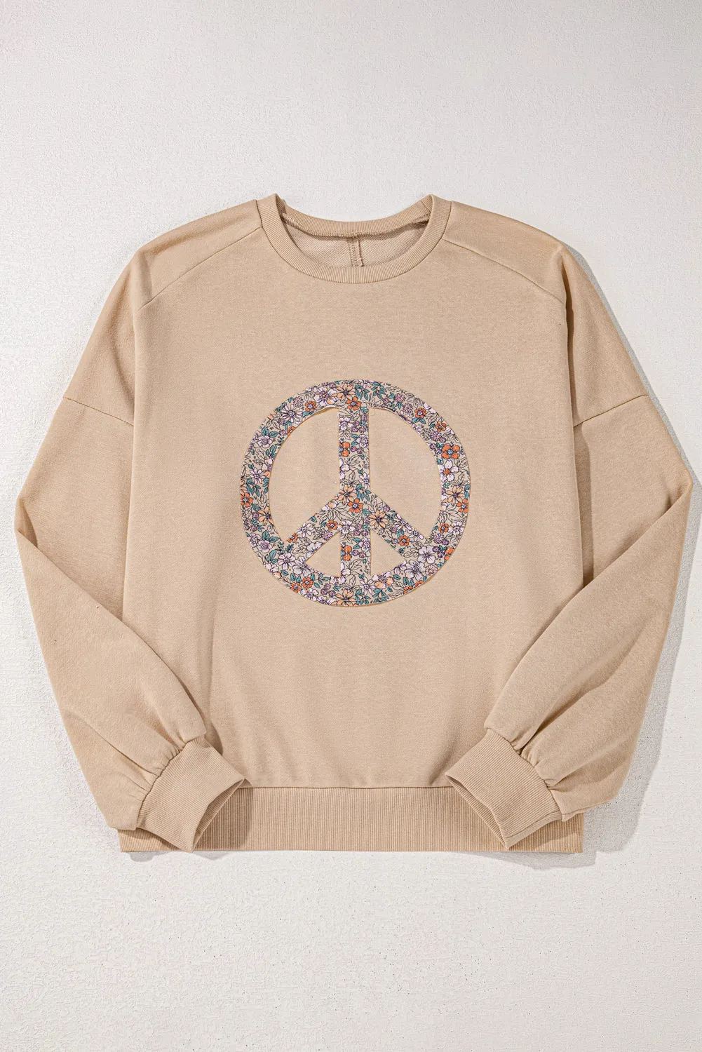 Pale Khaki Floral Peace Sign Graphic Washed Terry Plus Size Sweatshirt sold by Beagle Boutique