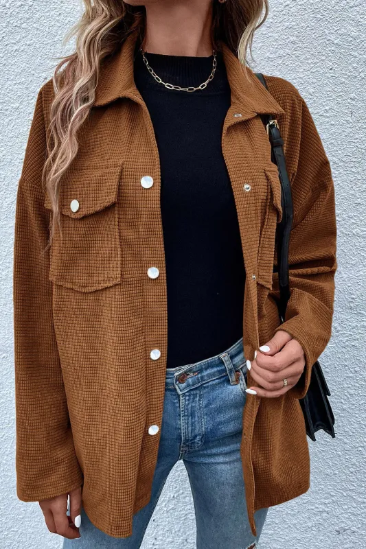 Brown Textured Flap Pocket Drop Shoulder Shacket sold by Beagle Boutique