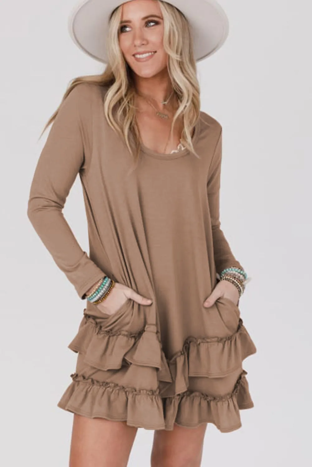 Goat Scoop Neck Tiered Ruffled Hem Long Sleeve Mini Dress sold by Beagle Boutique product image thumbnail 5