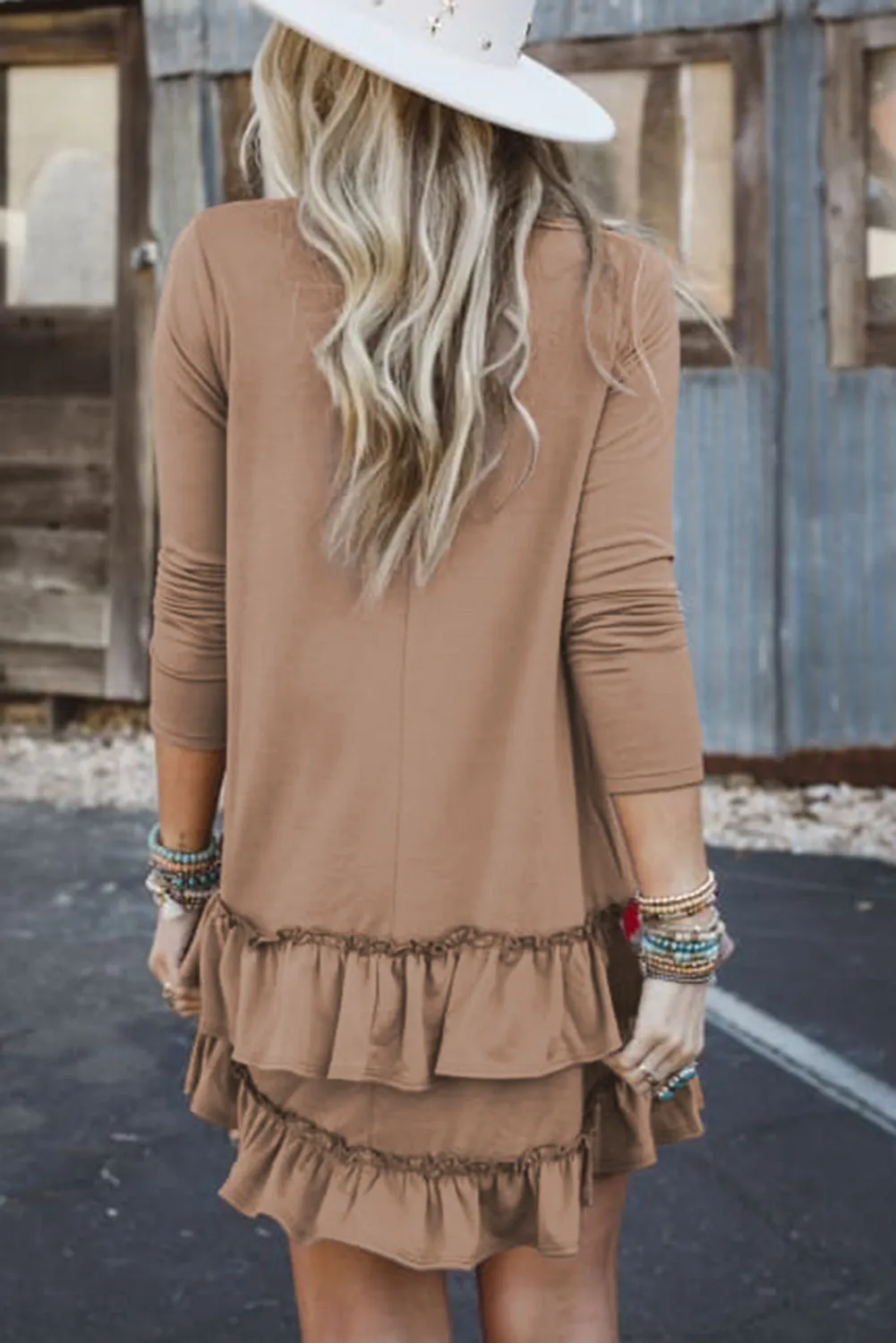 Goat Scoop Neck Tiered Ruffled Hem Long Sleeve Mini Dress sold by Beagle Boutique product image thumbnail 2