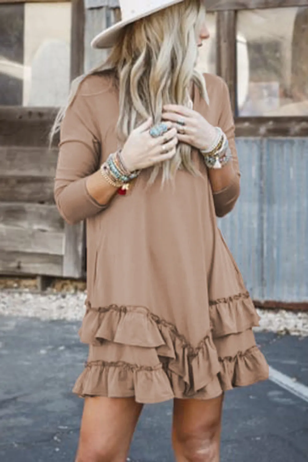 Goat Scoop Neck Tiered Ruffled Hem Long Sleeve Mini Dress sold by Beagle Boutique product image thumbnail 4