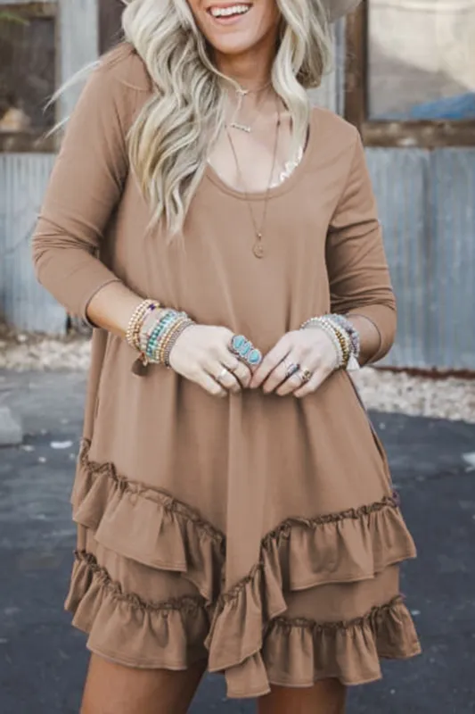 Goat Scoop Neck Tiered Ruffled Hem Long Sleeve Mini Dress made by Beagle Boutique