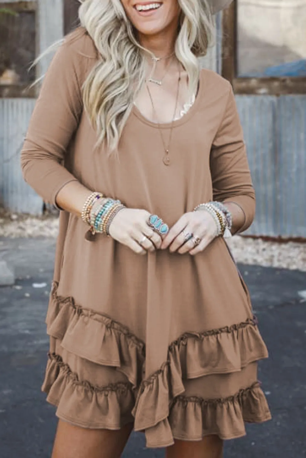 Goat Scoop Neck Tiered Ruffled Hem Long Sleeve Mini Dress sold by Beagle Boutique