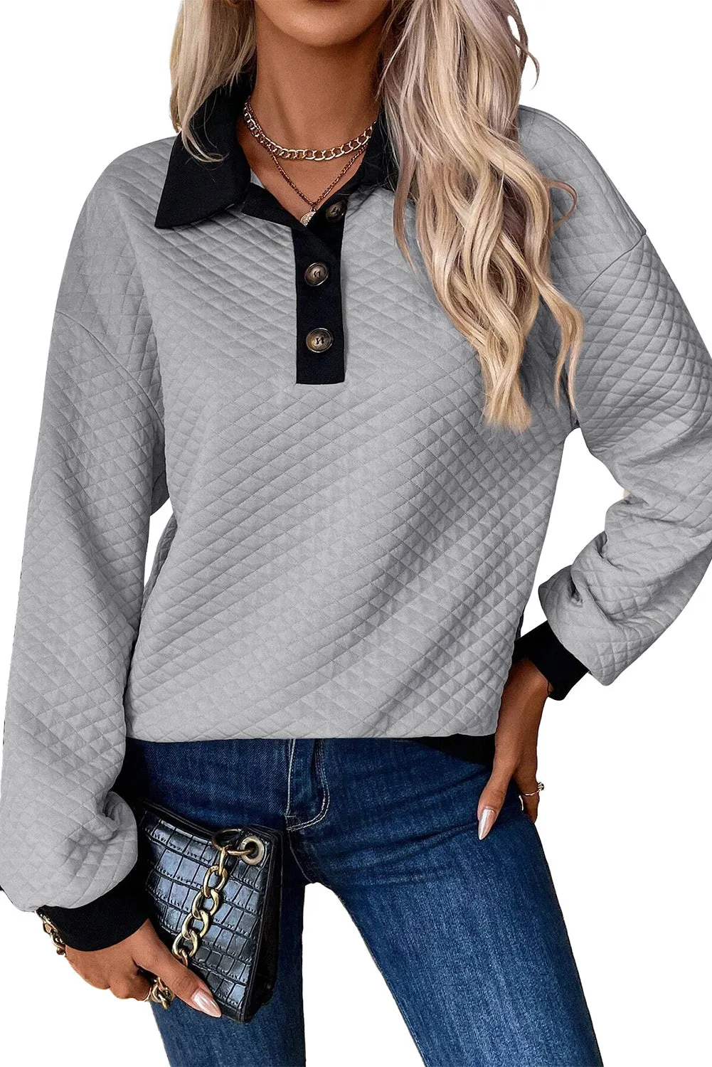 Light Grey Textured Colorblock Edge Buttoned Collar Sweatshirt sold by Beagle Boutique product image thumbnail 4