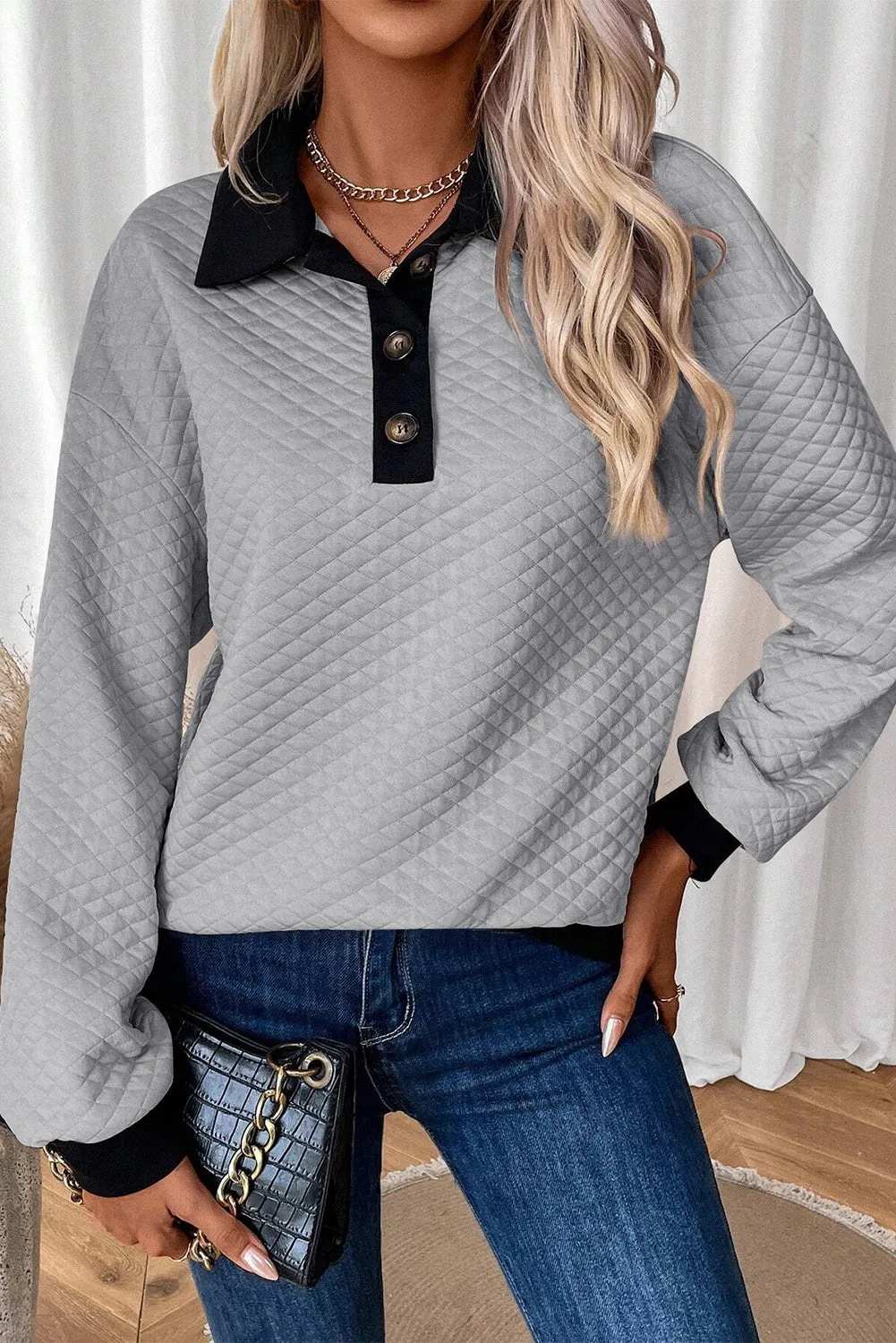 Light Grey Textured Colorblock Edge Buttoned Collar Sweatshirt sold by Beagle Boutique