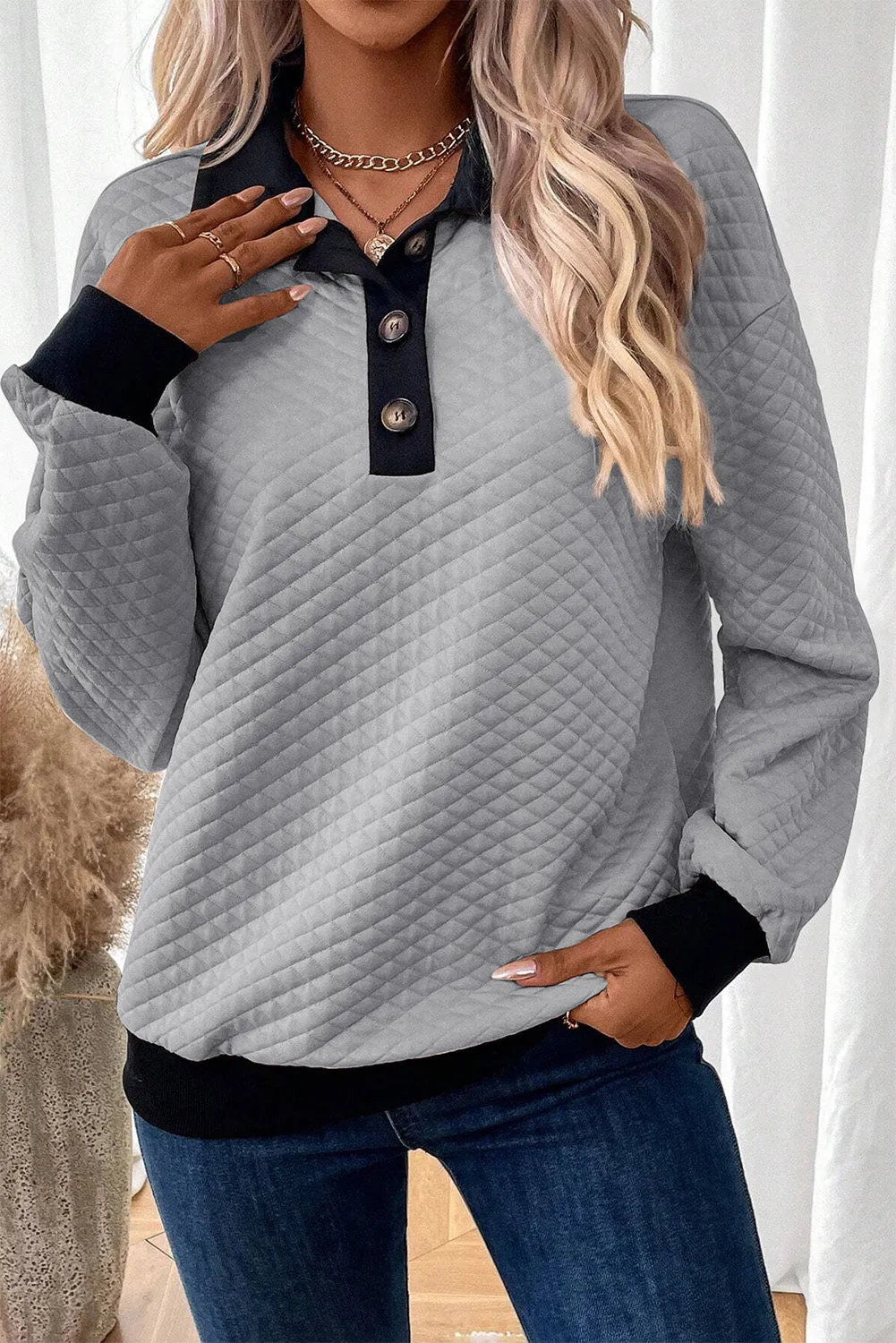 Light Grey Textured Colorblock Edge Buttoned Collar Sweatshirt sold by Beagle Boutique product image thumbnail 3