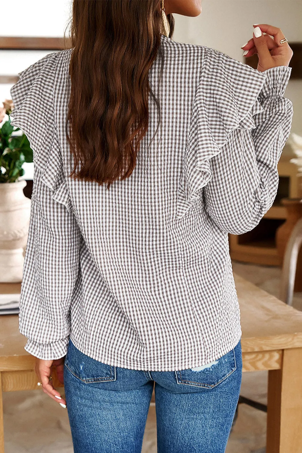 Brown Plaid Flounce Sleeve Notched Neck Ruffled Shirt sold by Beagle Boutique product image thumbnail 2