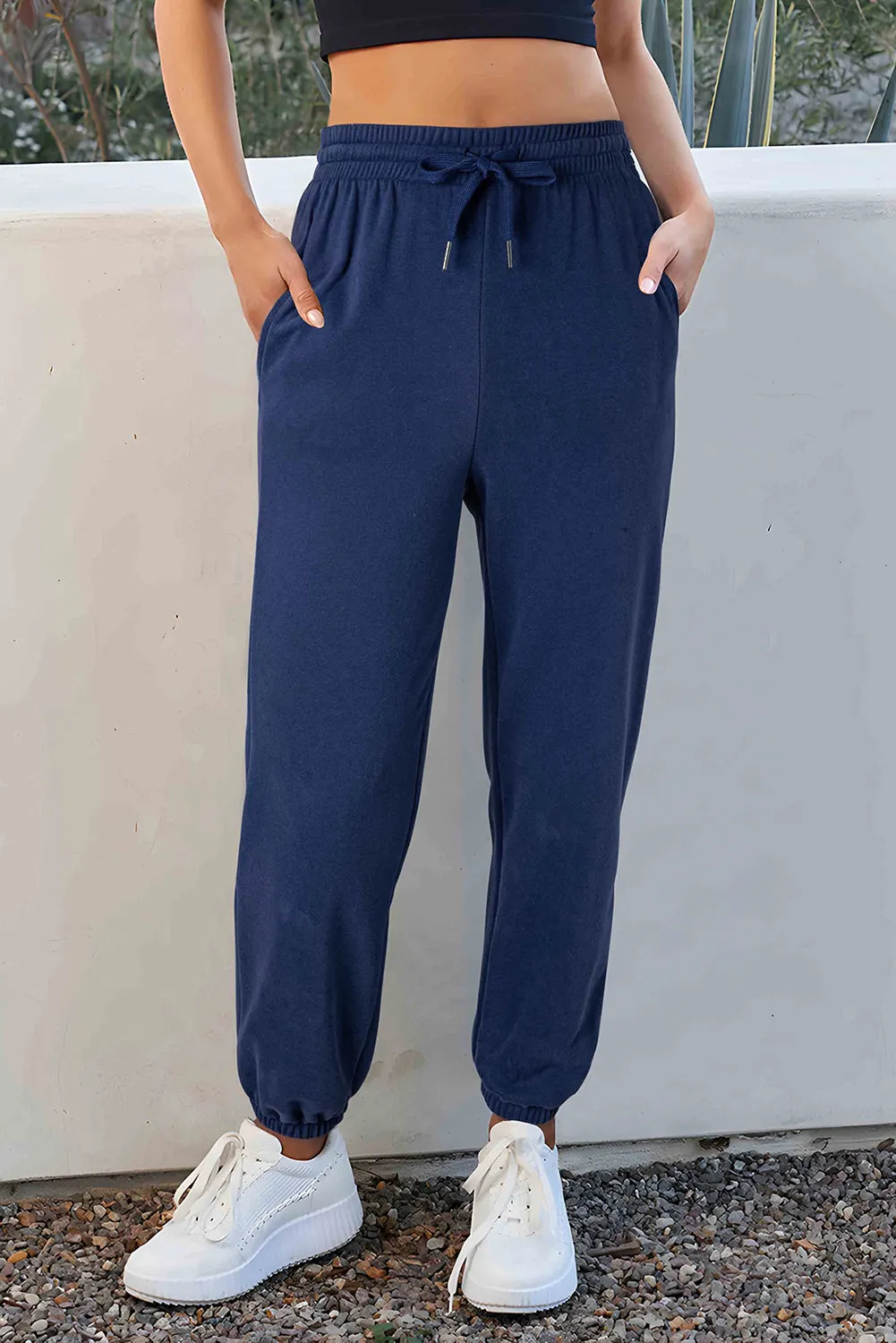 Navy Blue Solid Colour Fleece Lined Drawstring Waist Joggers sold by Beagle Boutique