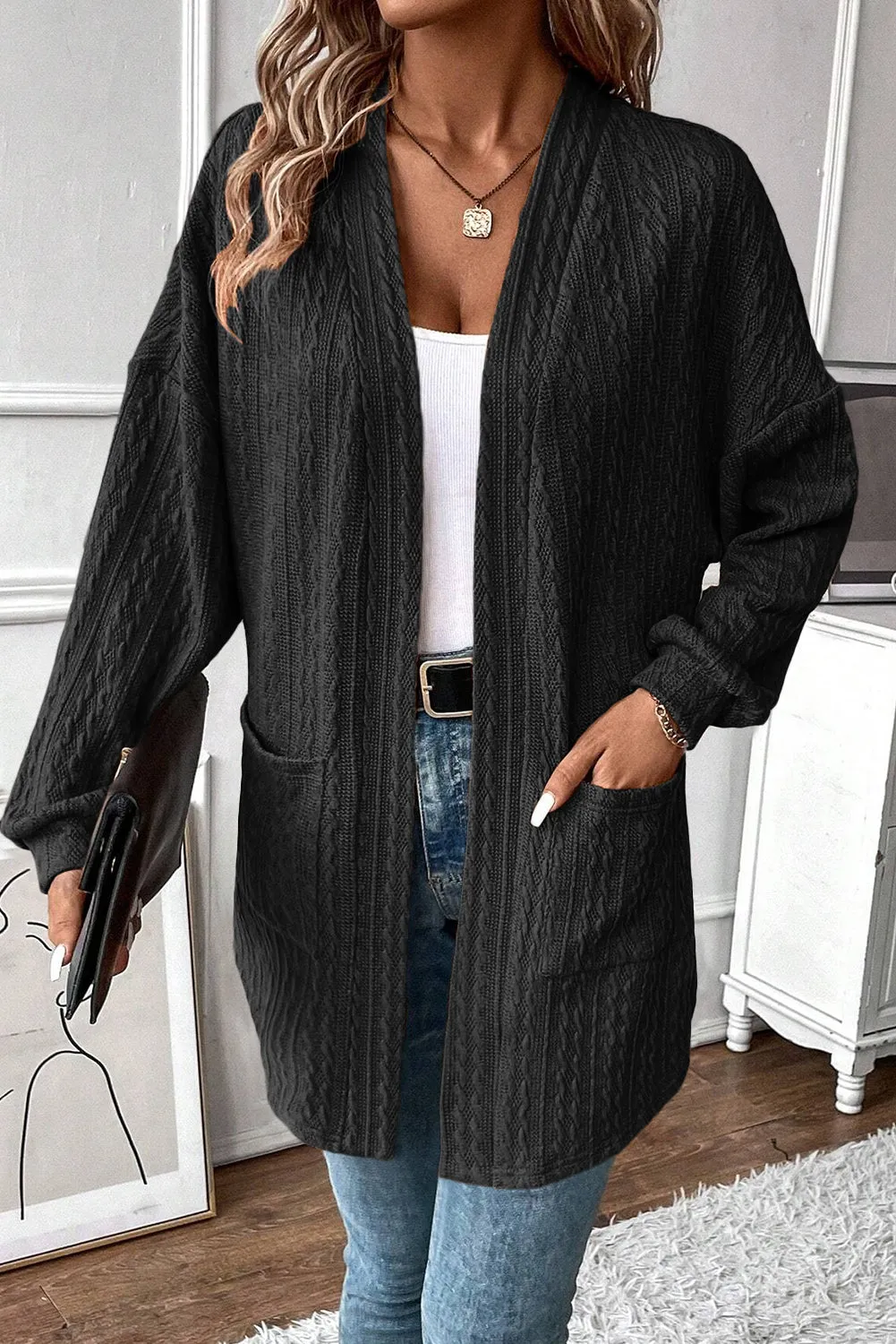Black Textured Knit Side Pockets Open Front Cardigan sold by Beagle Boutique