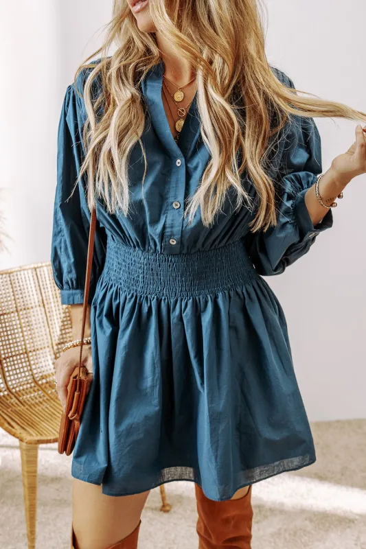 Prussian Blue 3/4 Sleeve Shirred High Waist Buttoned Mini Dress sold by Beagle Boutique