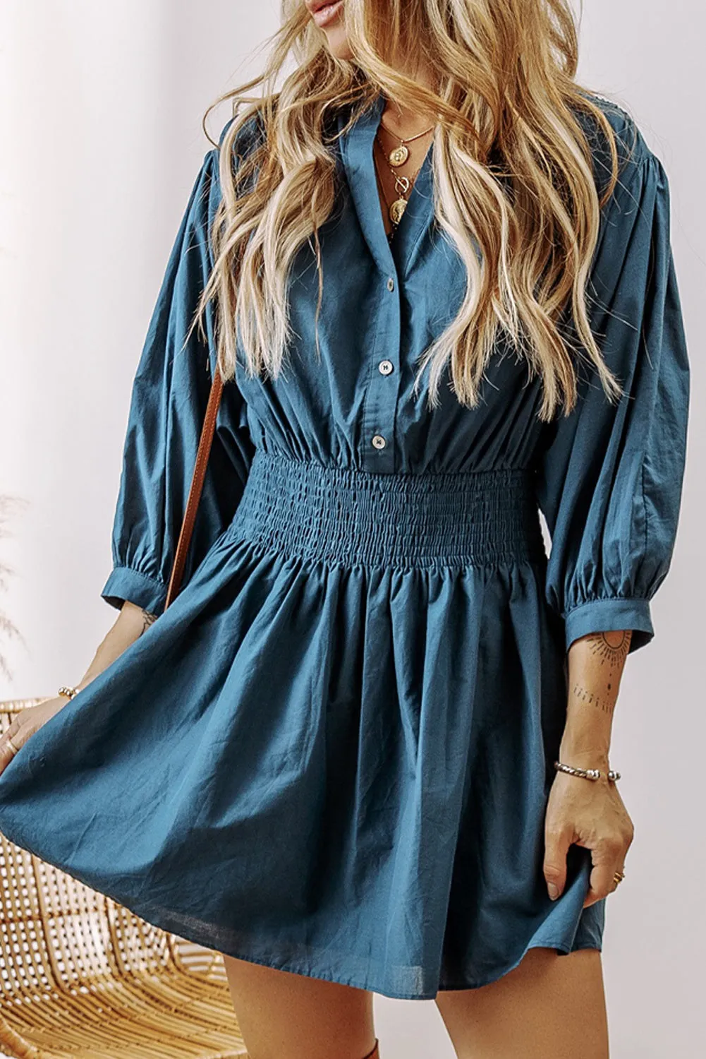 Prussian Blue 3/4 Sleeve Shirred High Waist Buttoned Mini Dress sold by Beagle Boutique product image thumbnail 3
