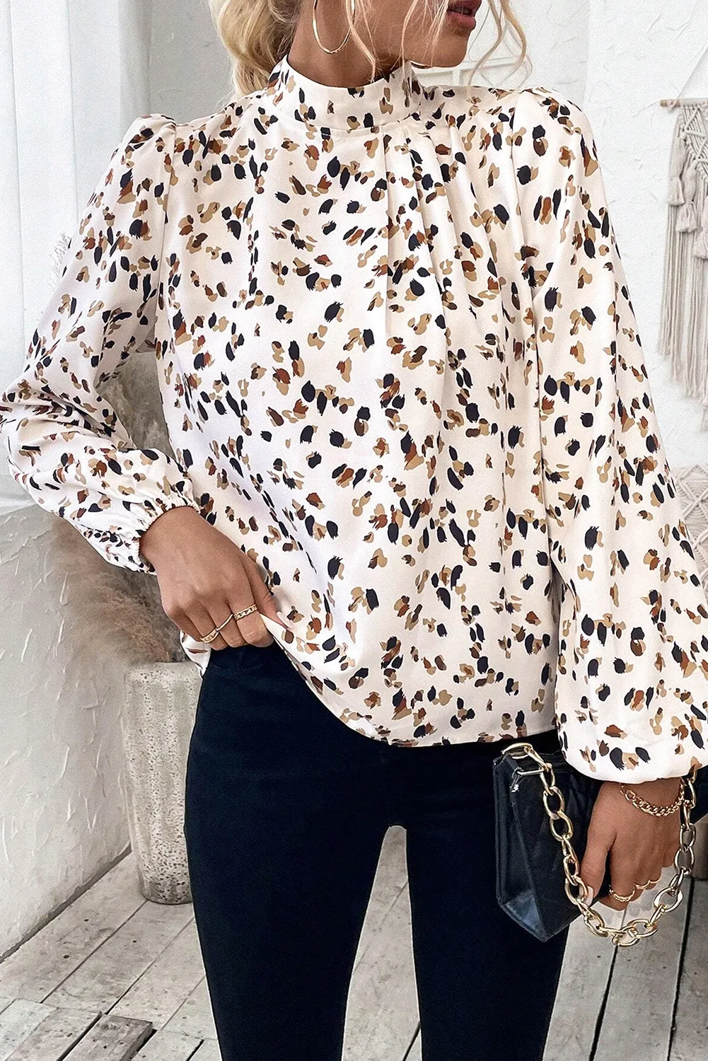 White Leopard Print Lantern Sleeve Mock Neck Pleated Blouse sold by Beagle Boutique product image thumbnail 3