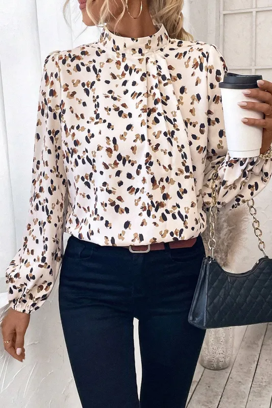 White Leopard Print Lantern Sleeve Mock Neck Pleated Blouse sold by Beagle Boutique