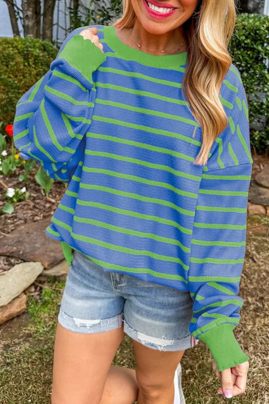 Sky Blue Stripe Trimmed Round Neck Drop Shoulder Loose Sweater sold by Beagle Boutique