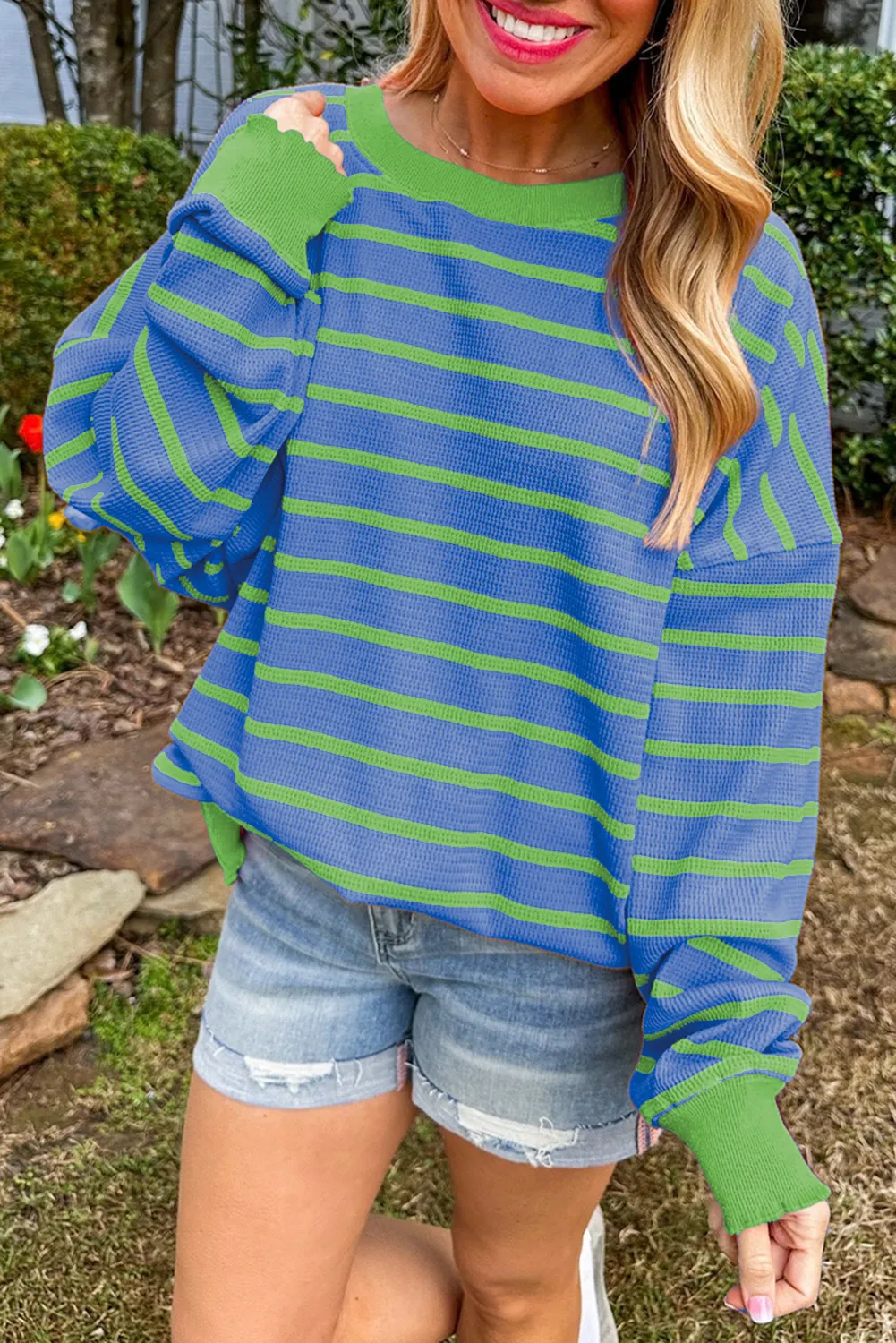 Sky Blue Stripe Trimmed Round Neck Drop Shoulder Loose Sweater sold by Beagle Boutique