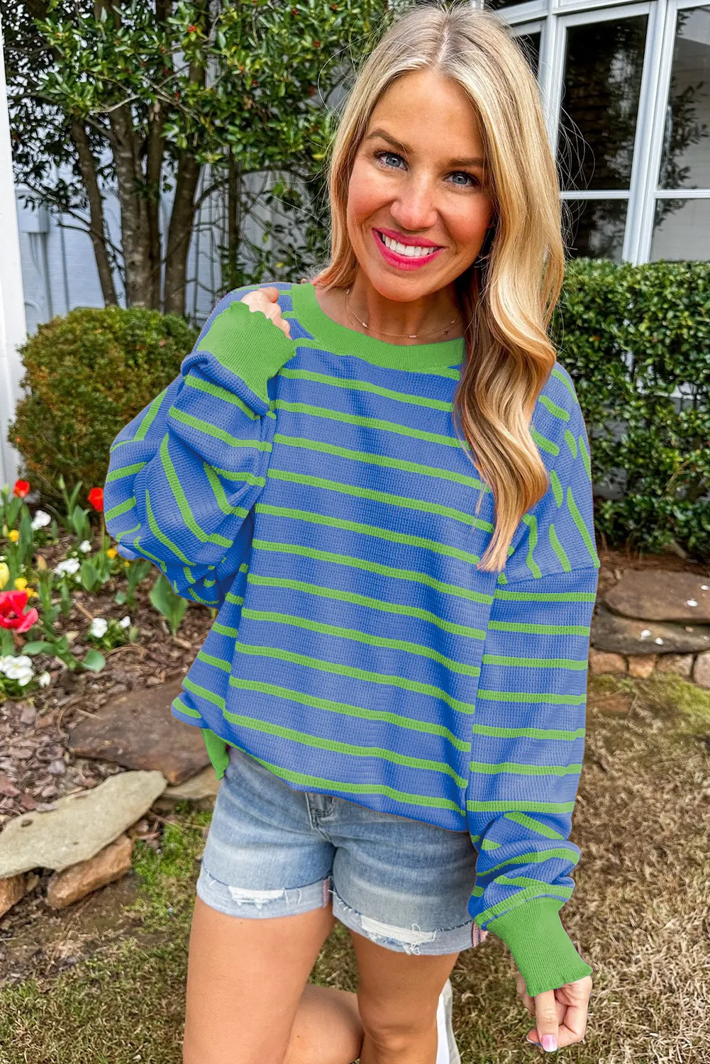 Sky Blue Stripe Trimmed Round Neck Drop Shoulder Loose Sweater sold by Beagle Boutique product image thumbnail 3