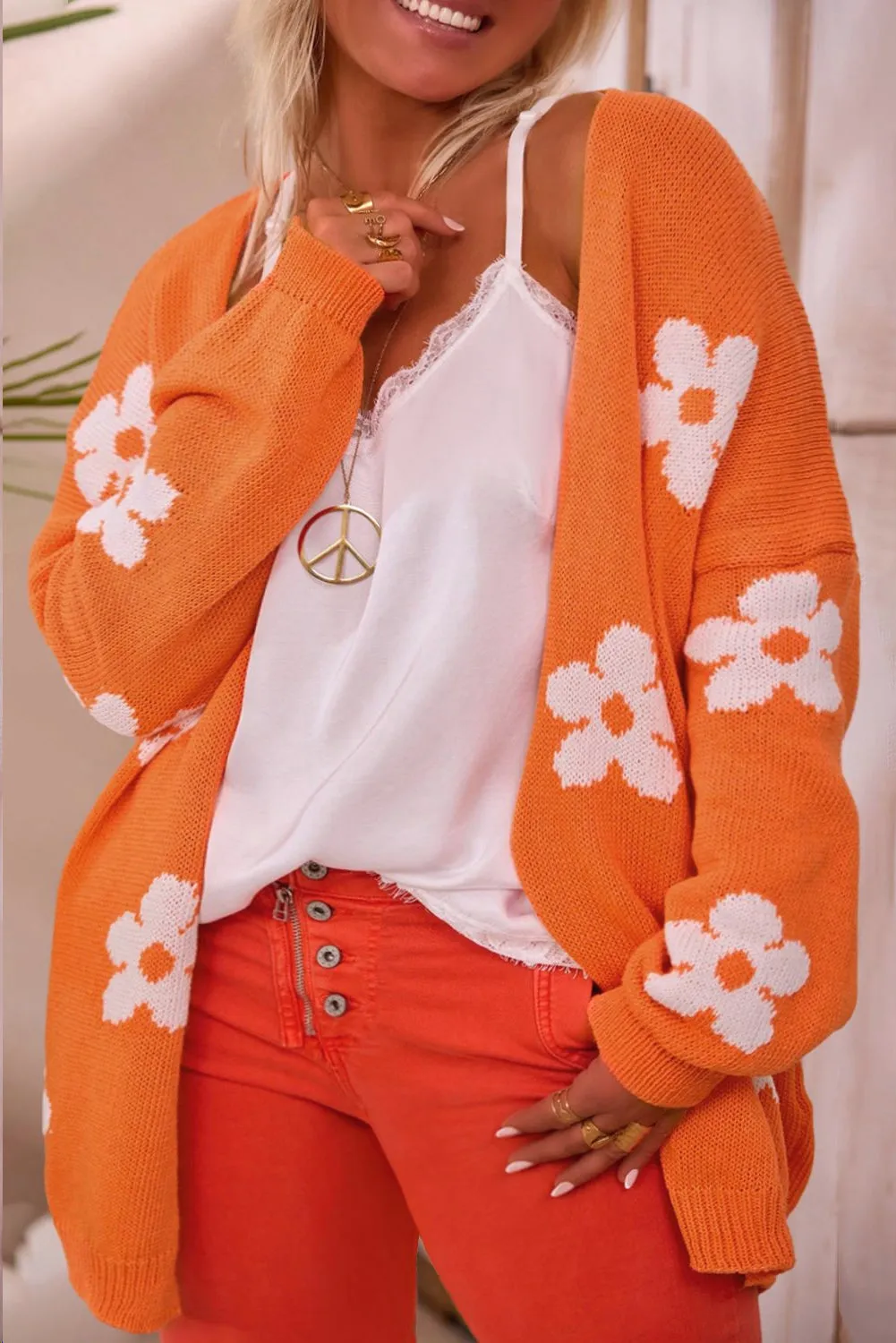 Orange Flower Pattern Drop Shoulder Plus Size Cardigan sold by Beagle Boutique