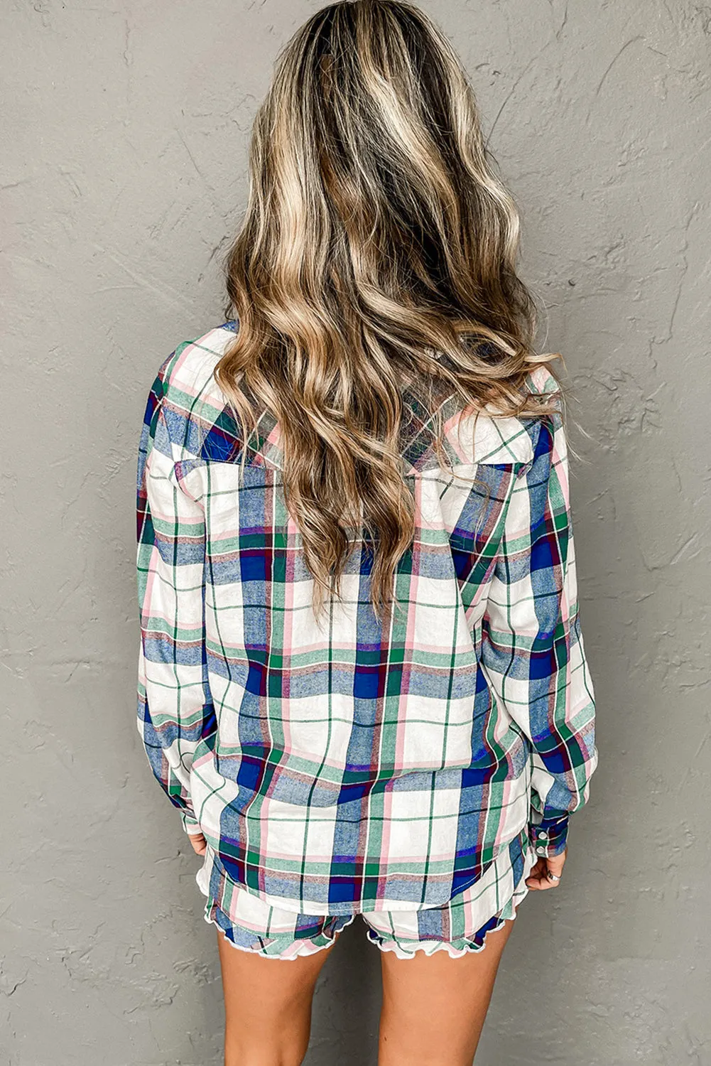 Blue Plaid Print Shirt and Shorts 2Pcs Lounge Set sold by Beagle Boutique product image thumbnail 2